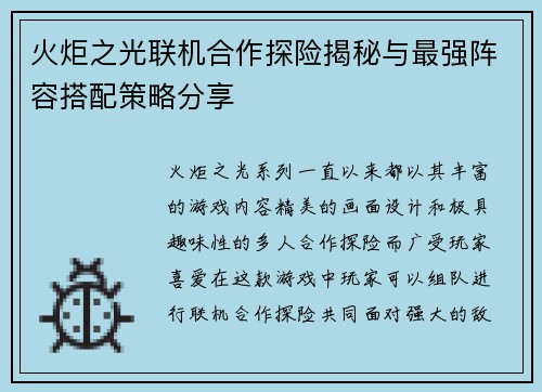 火炬之光联机合作探险揭秘与最强阵容搭配策略分享